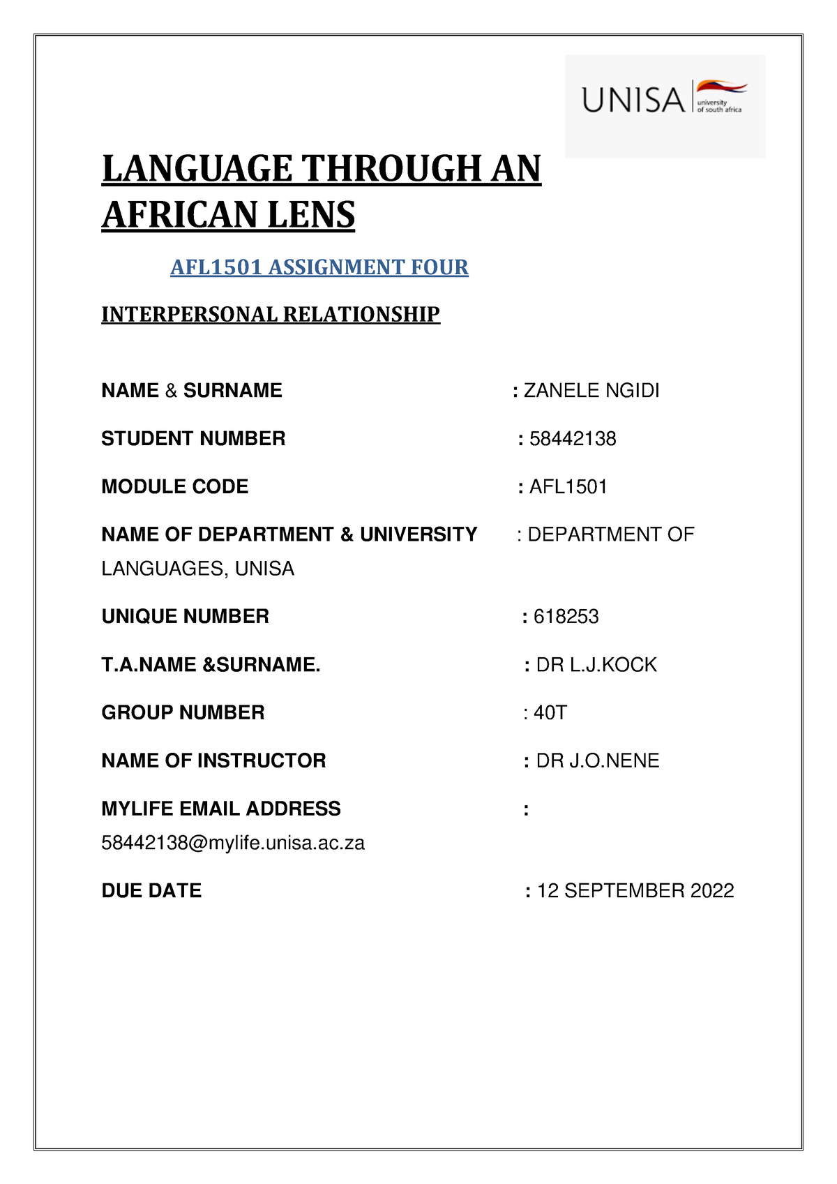 afl1501 assignment 4 interpersonal relationships