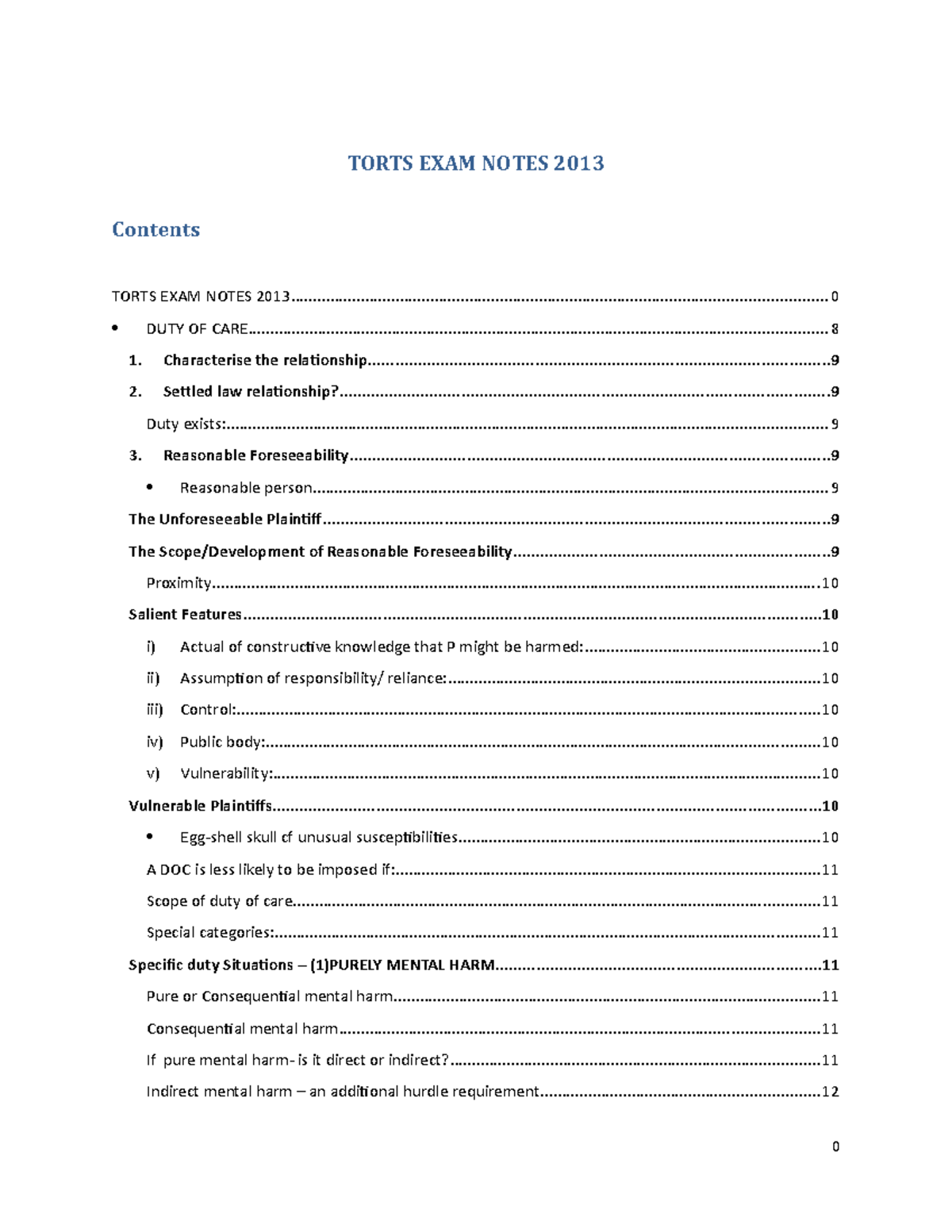Torts EXAM Notes 2013 - Contents - TORTS EXAM NOTES TORTS EXAM NOTES ...