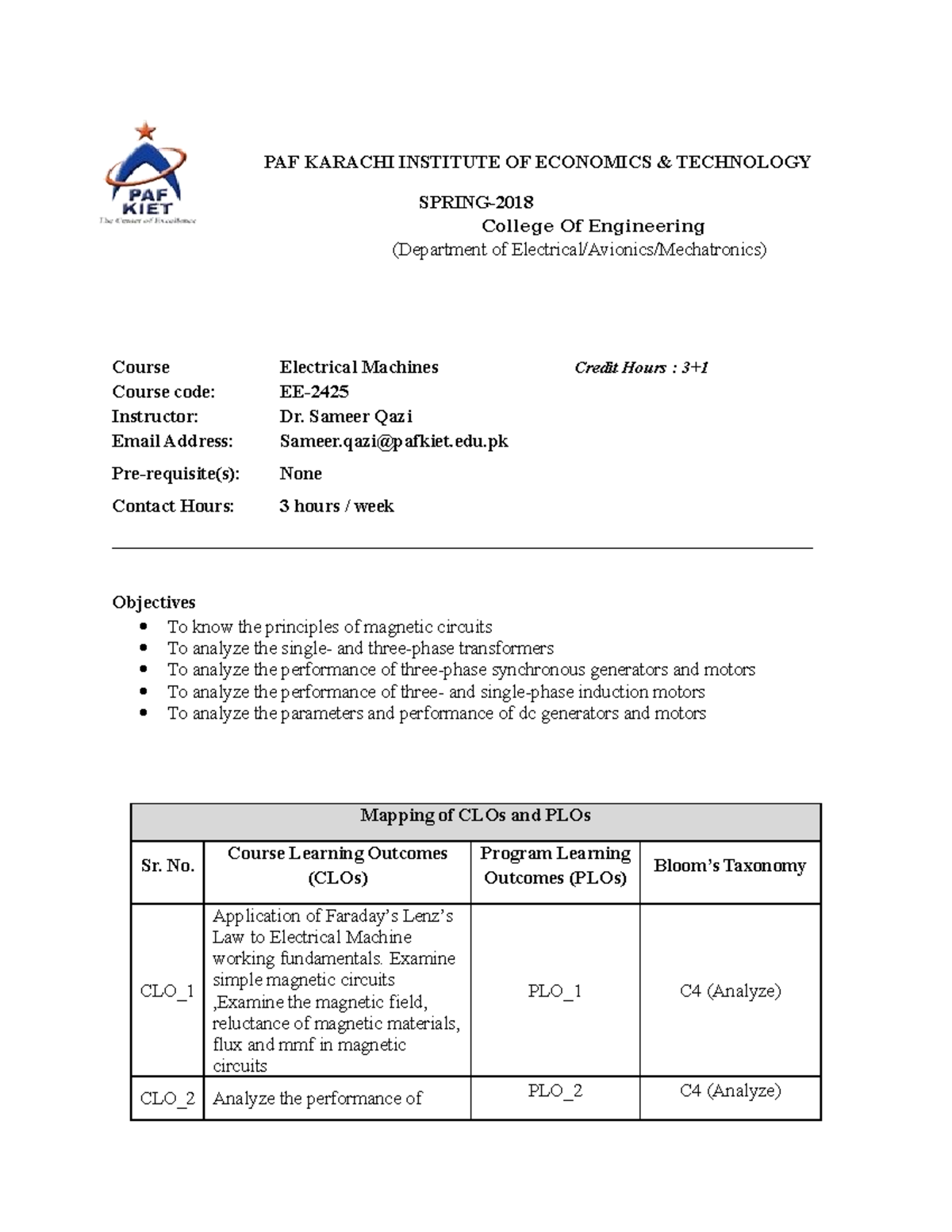 Electrical Machine Course outline PAF KARACHI INSTITUTE OF