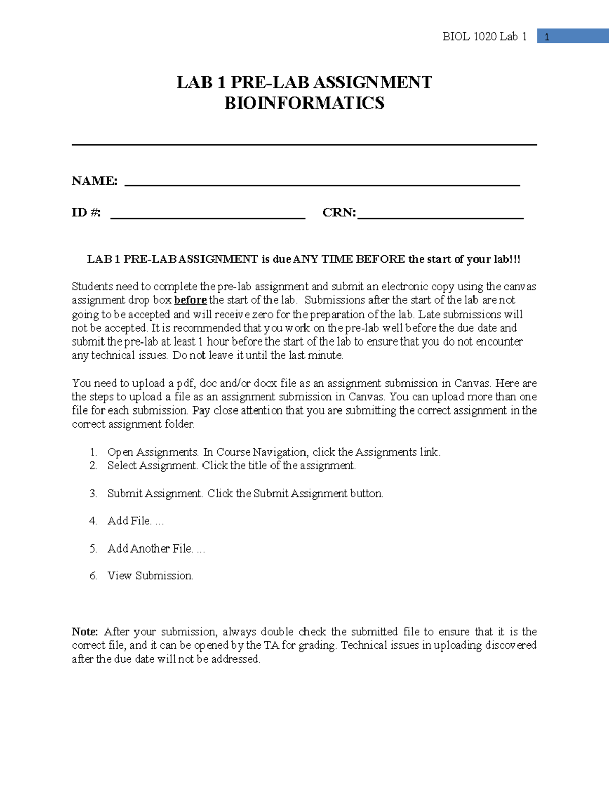 Lab 1 Pre-lab Biology - BIOL 1020 Lab 1 1 LAB 1 PRE-LAB ASSIGNMENT ...