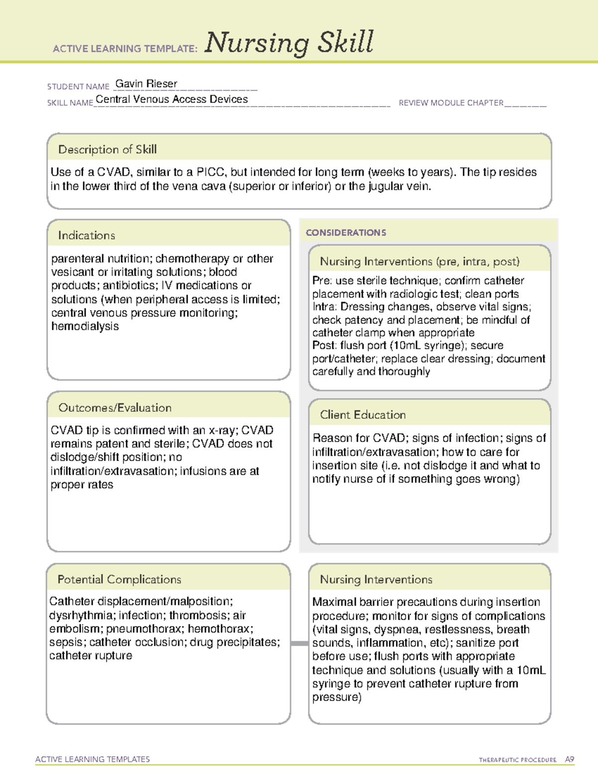 ATI Skill CVAD ACTIVE LEARNING TEMPLATES THERAPEUTIC PROCEDURE A 