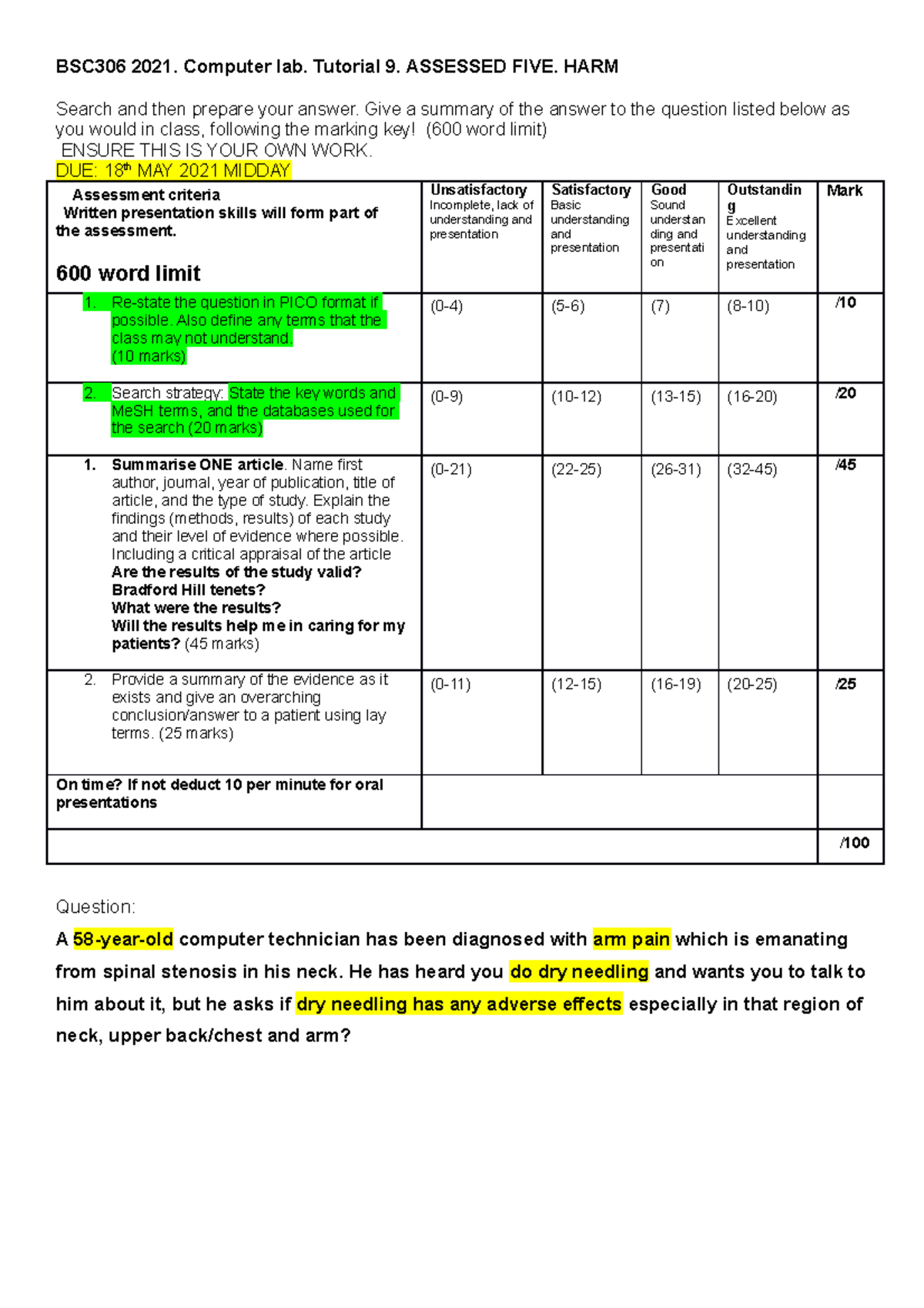 Alternate Assessment BMS306 BSC306 2021 Computer Lab Tutorial 9