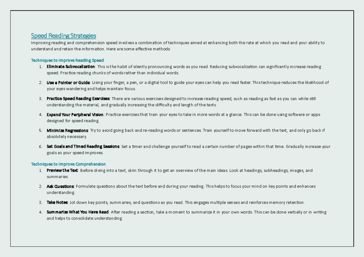 Speed Reading Strategies - Speed Reading Strategies Improving reading ...