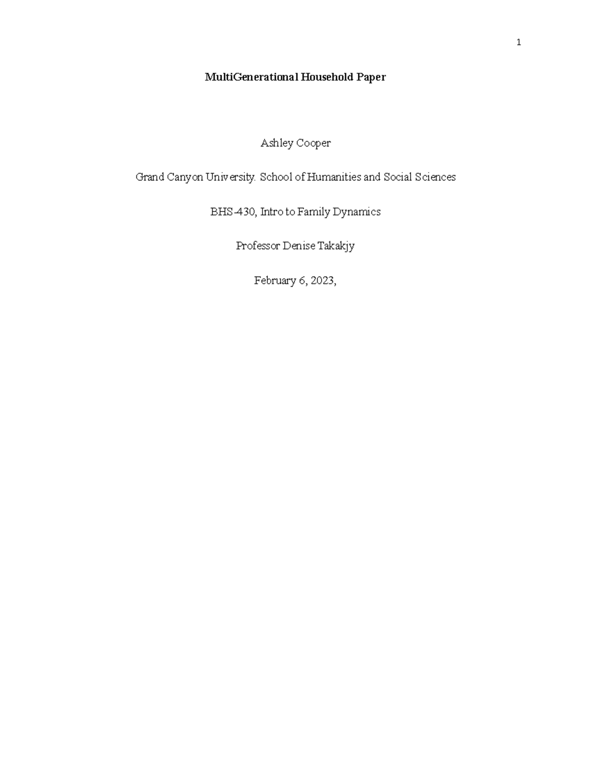Multi Generational Essay - MultiGenerational Household Paper Ashley ...