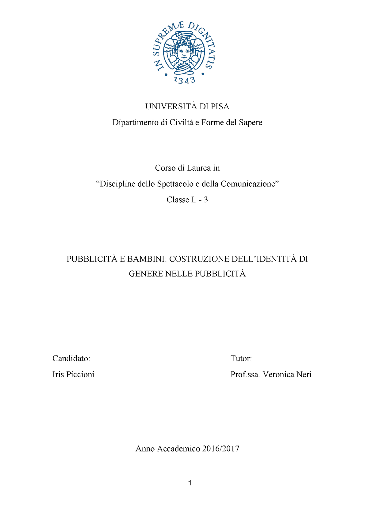 Tesi Triennale - Pubblicità E Bambini - UNIVERSITÀ DI PISA Dipartimento ...