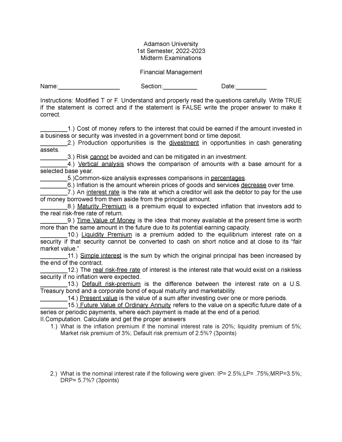 Financial Management Midterm Exams - Adamson University 1st Semester ...