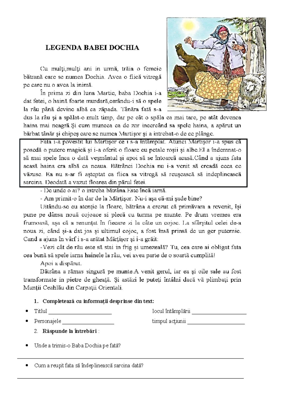 0 baba dochia test de evaluare - Completează cu informații desprinse ...
