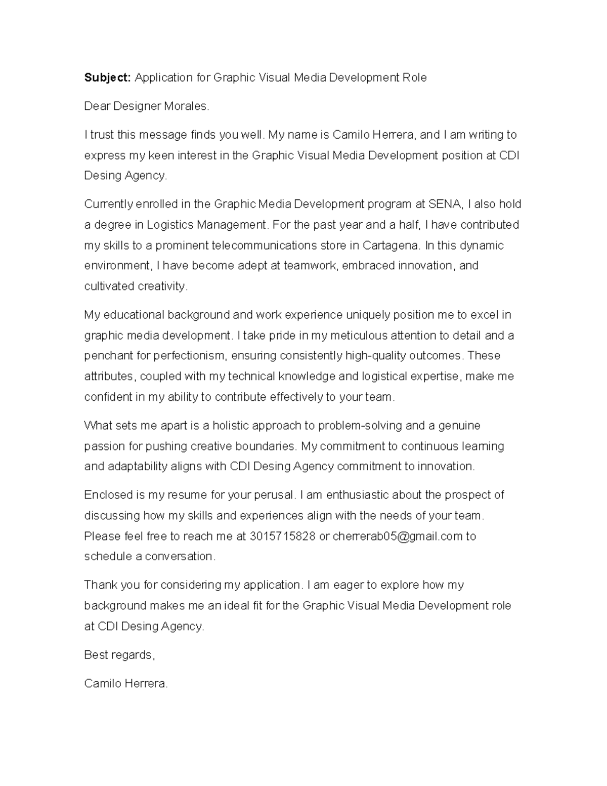 Email Propuesta DE Trabajo Ingles - Subject: Application for Graphic ...