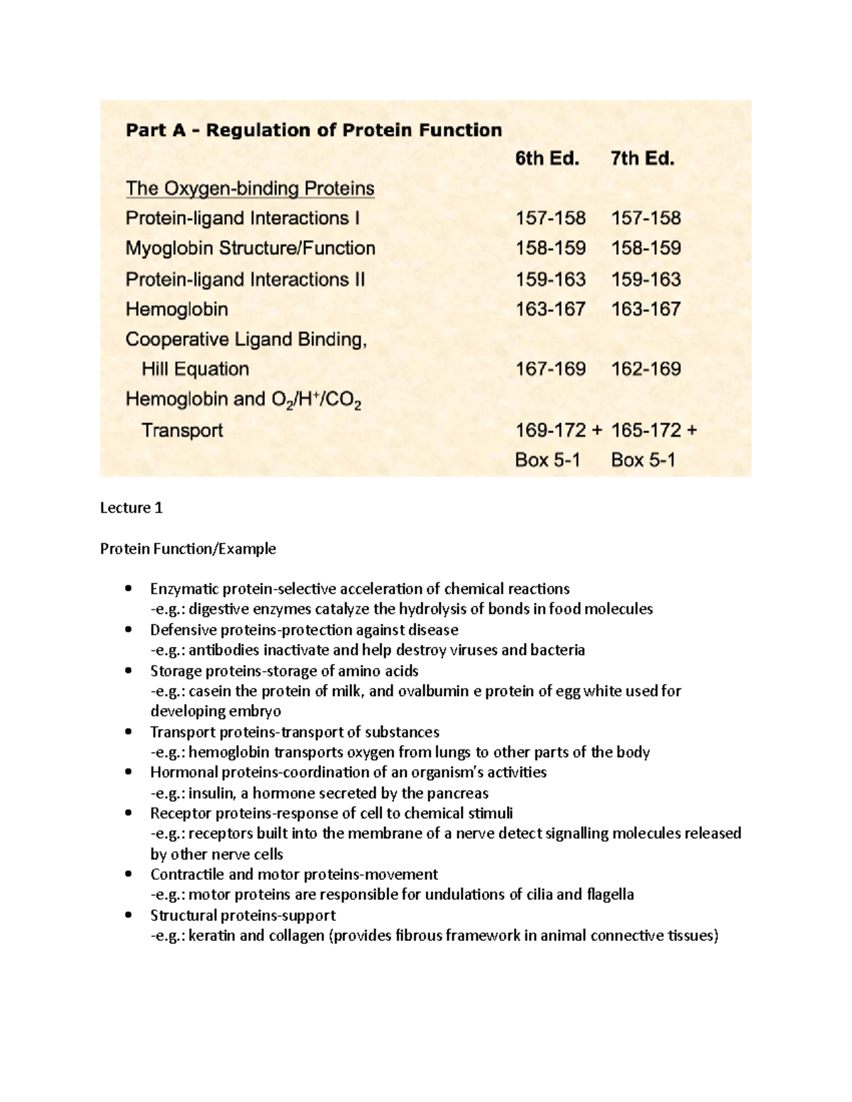 BIOC 3560 Notes - Lecture 1 Protein Function/Example Enzymatic Protein ...