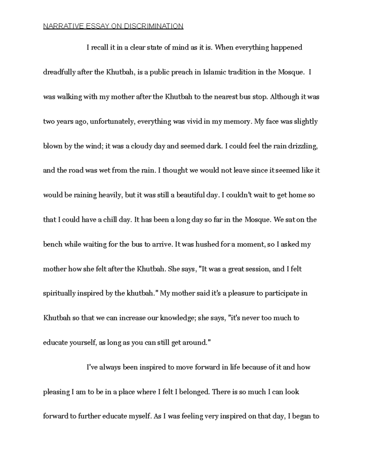 Narrative essay about discrimination and cultural NARRATIVE ESSAY ON