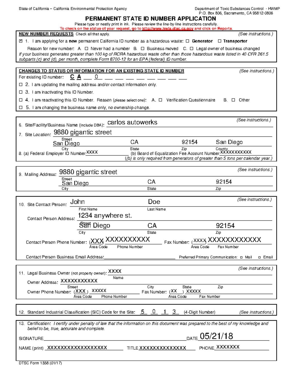 CAL EPA ID number State of California California Environmental