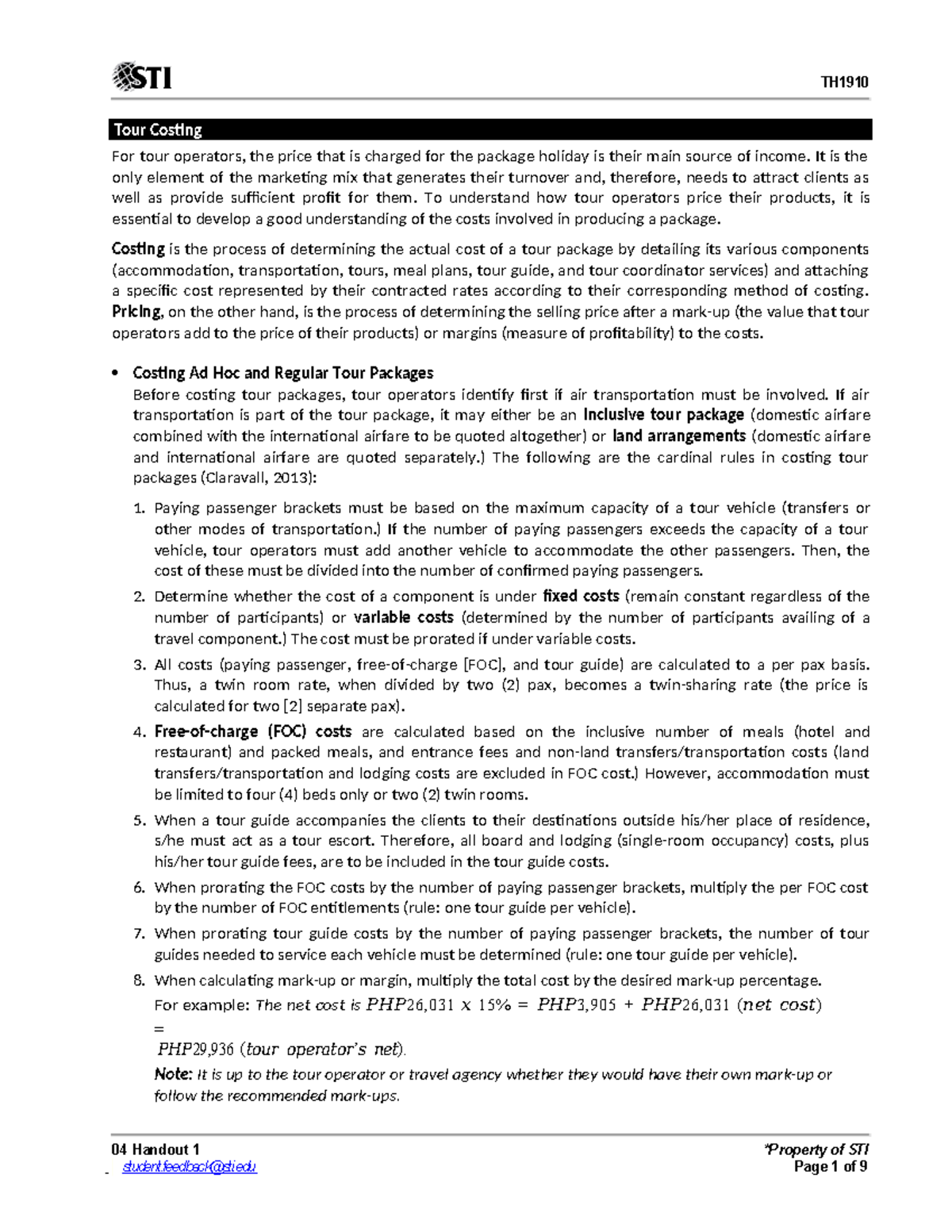 04 Handout 1 - gejgii - 04 Handout 1 *Property of STI Tour Costing For ...