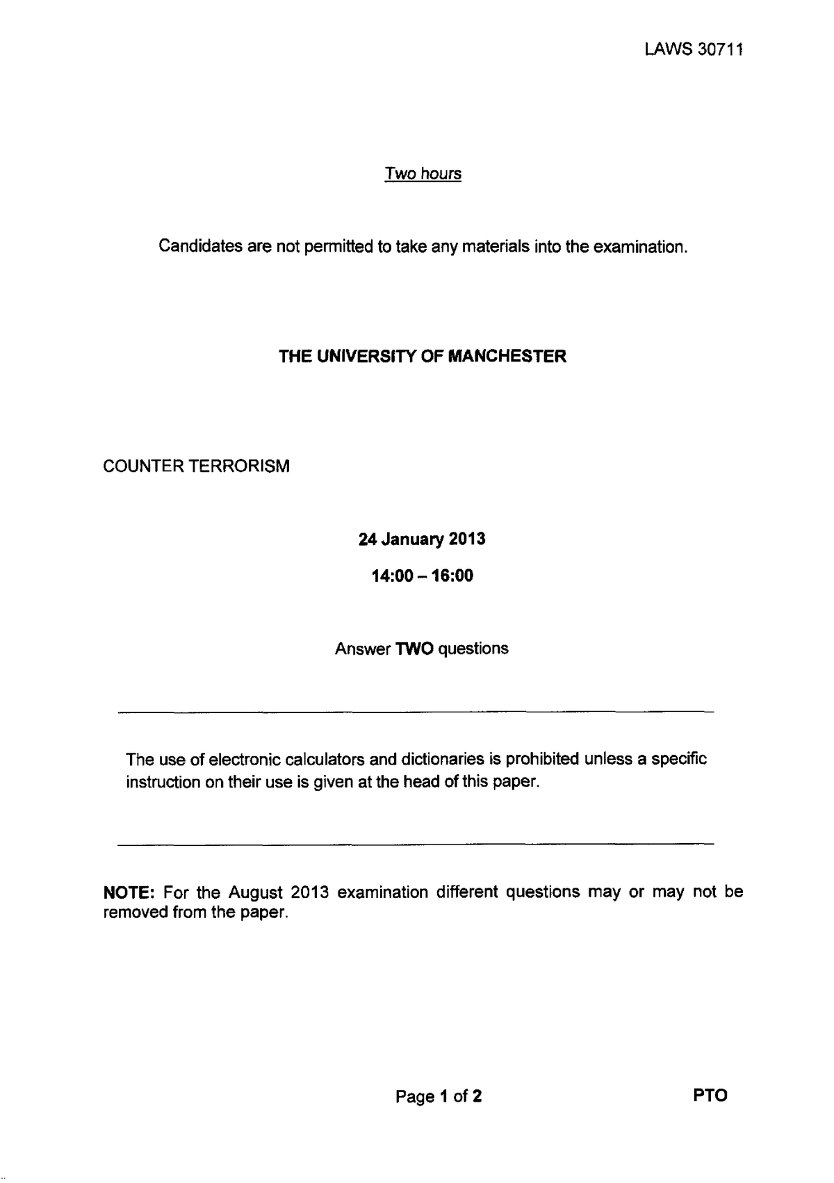 Exam 2013, questions and answers - Counter-Terrorism - LAWS30711 