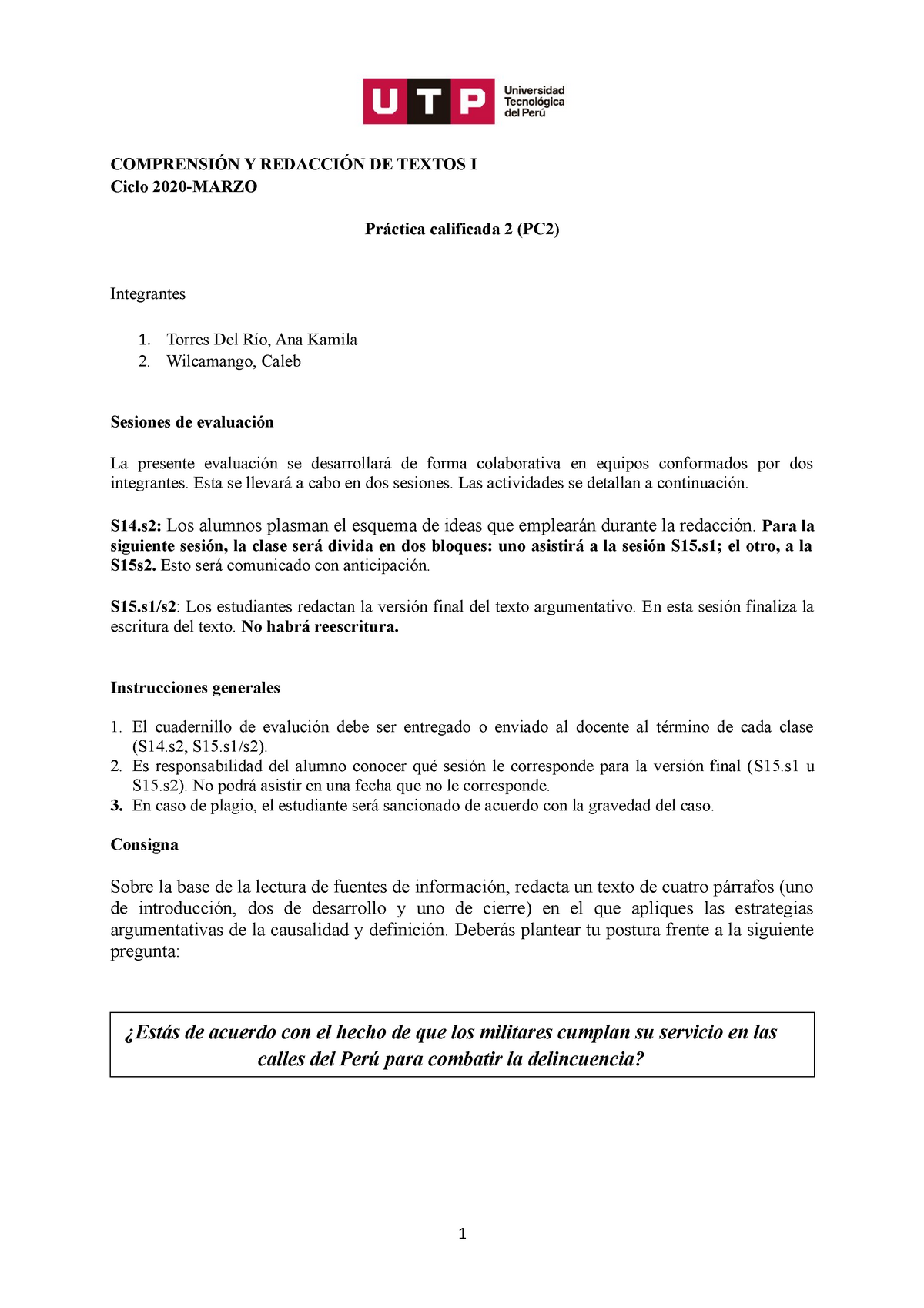 Examen PrÁctica Calificada 2 Textos 1 ComprensiÓn Y RedacciÓn De Textos I Ciclo 2020 Marzo 2110