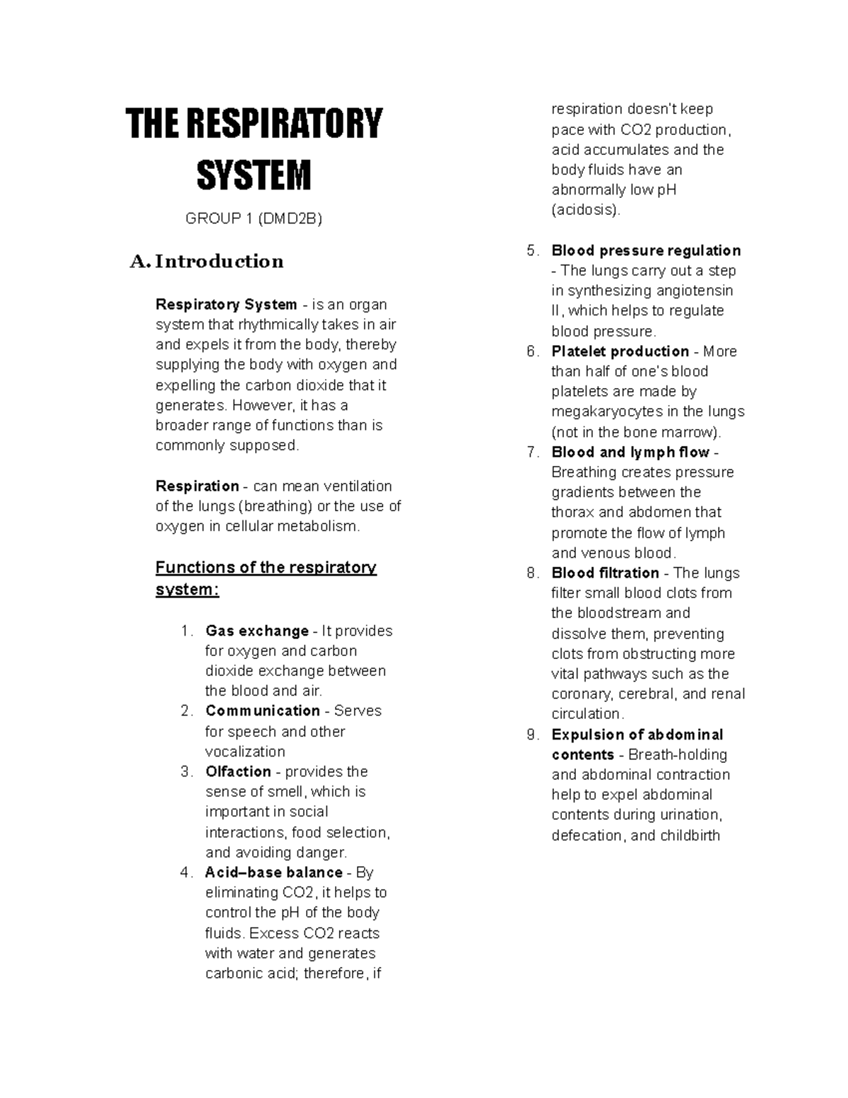 Respiratory - Lecture Notes 1 - THE RESPIRATORY SYSTEM GROUP 1 (DMD2B ...