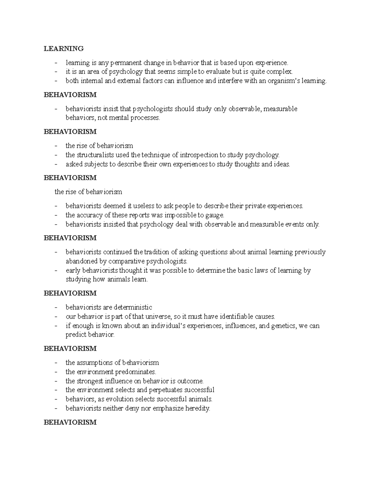 Methodological Behaviorists Behaviorism Notes 1 - Learning Learning Is 