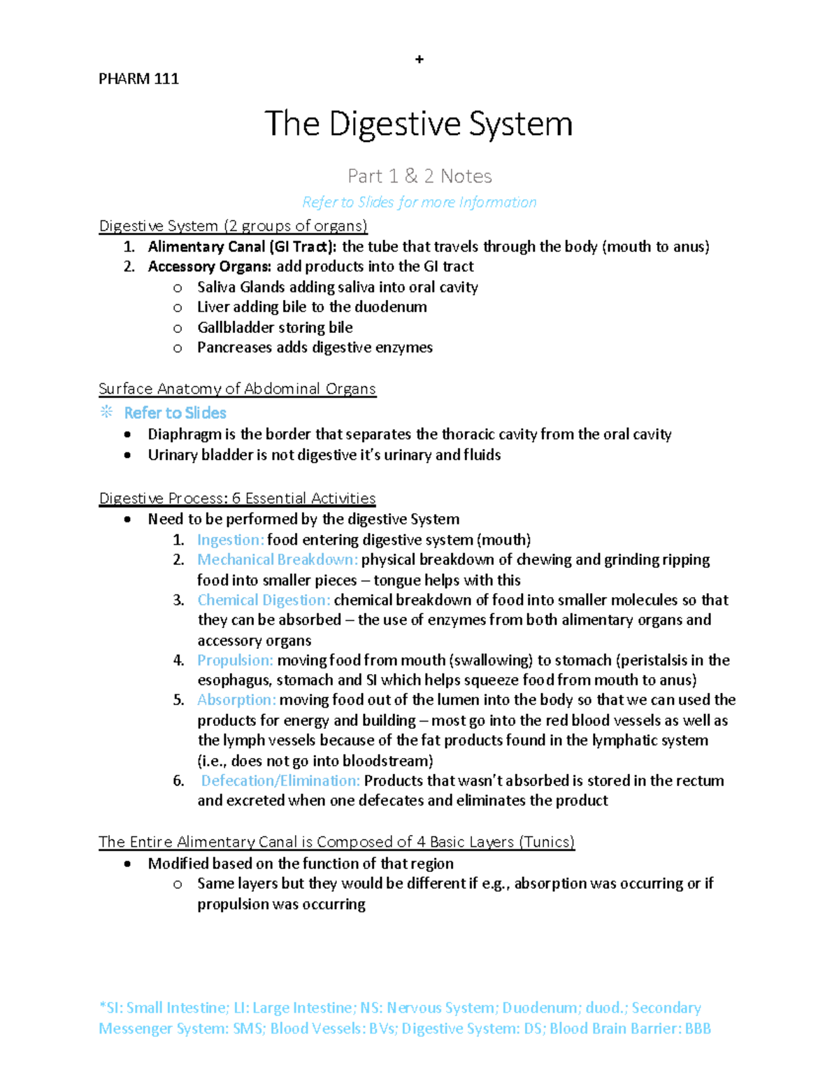 The Digestive System Lecture Notes - ####### PHARM 111 *SI: Small ...