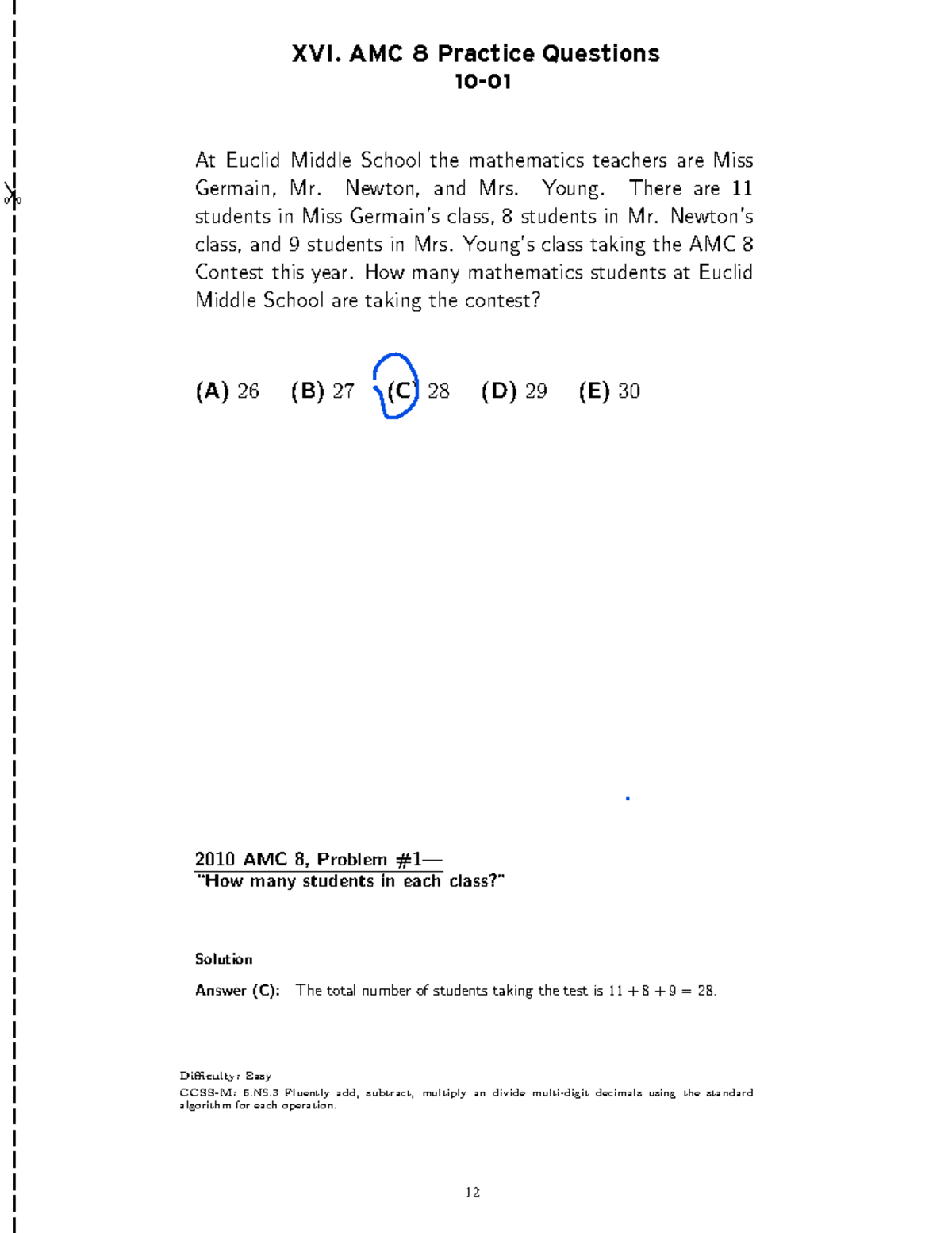 2011-amc8TM 12 - Math - 12 XVI. AMC 8 Practice Questions 10- At Euclid ...