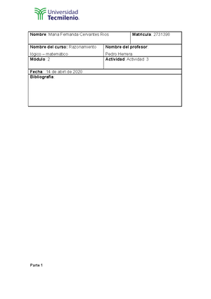 ACT 1 Razonamiento - Reporte Nombre: Matrícula: Nombre del curso ...