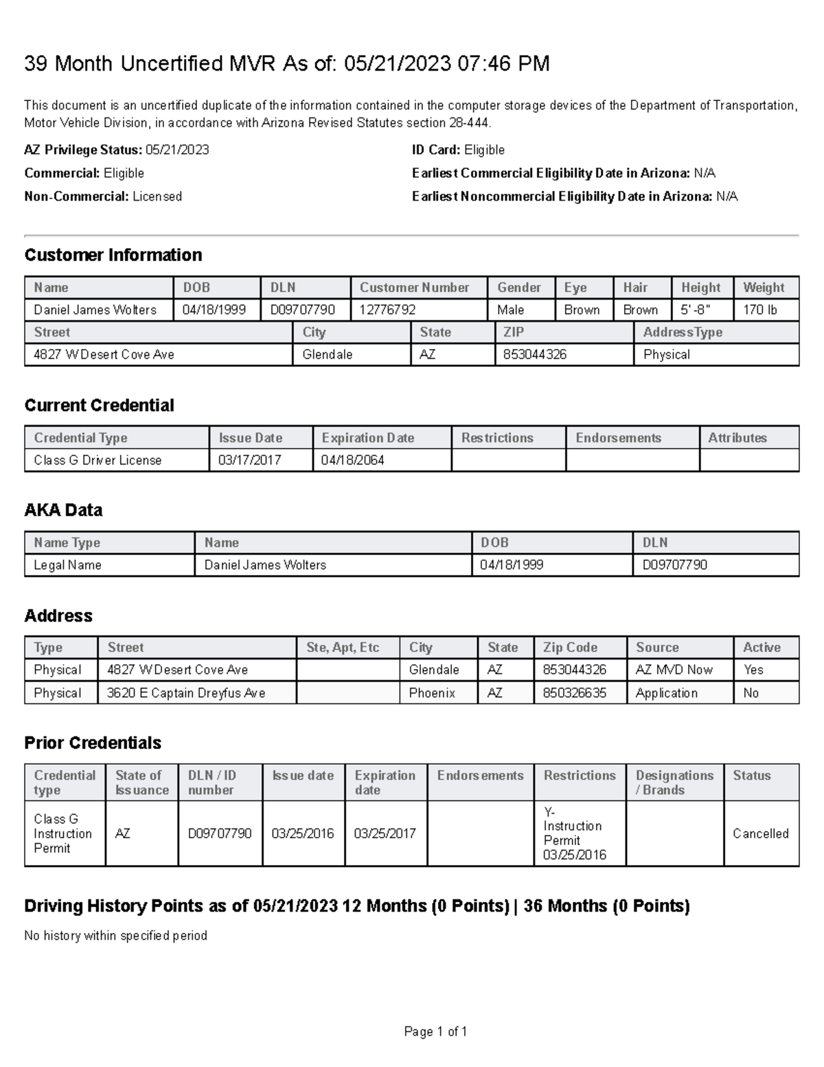 Driver MVR History Uncertified - 39 Month Uncertified MVR As of: 05/21 ...