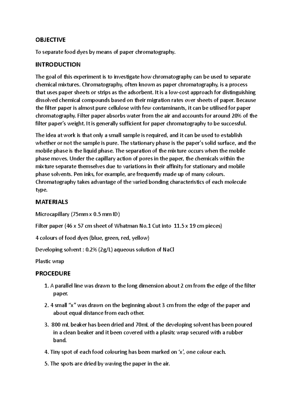 Chm256 Lab Report - Lab - OBJECTIVE To Separate Food Dyes By Means Of ...