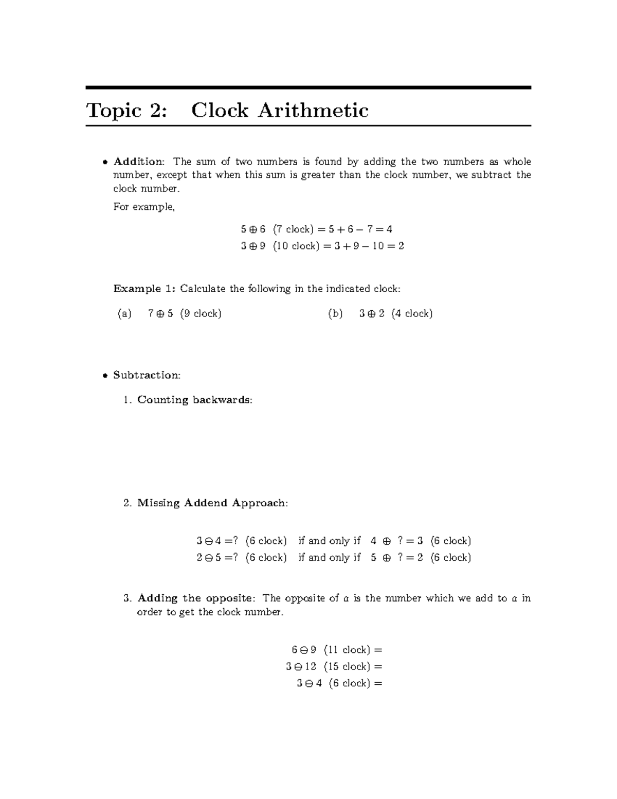Clock Arithmetic Topic 2 Clock Arithmetic Addition The sum of two