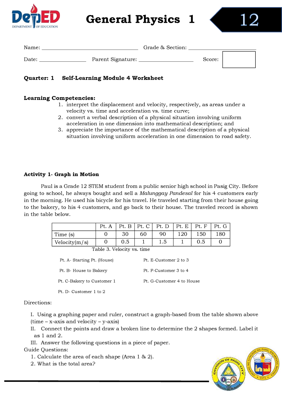 General Physics - 12 - Q1 - DW4 - General Physics 1 Name