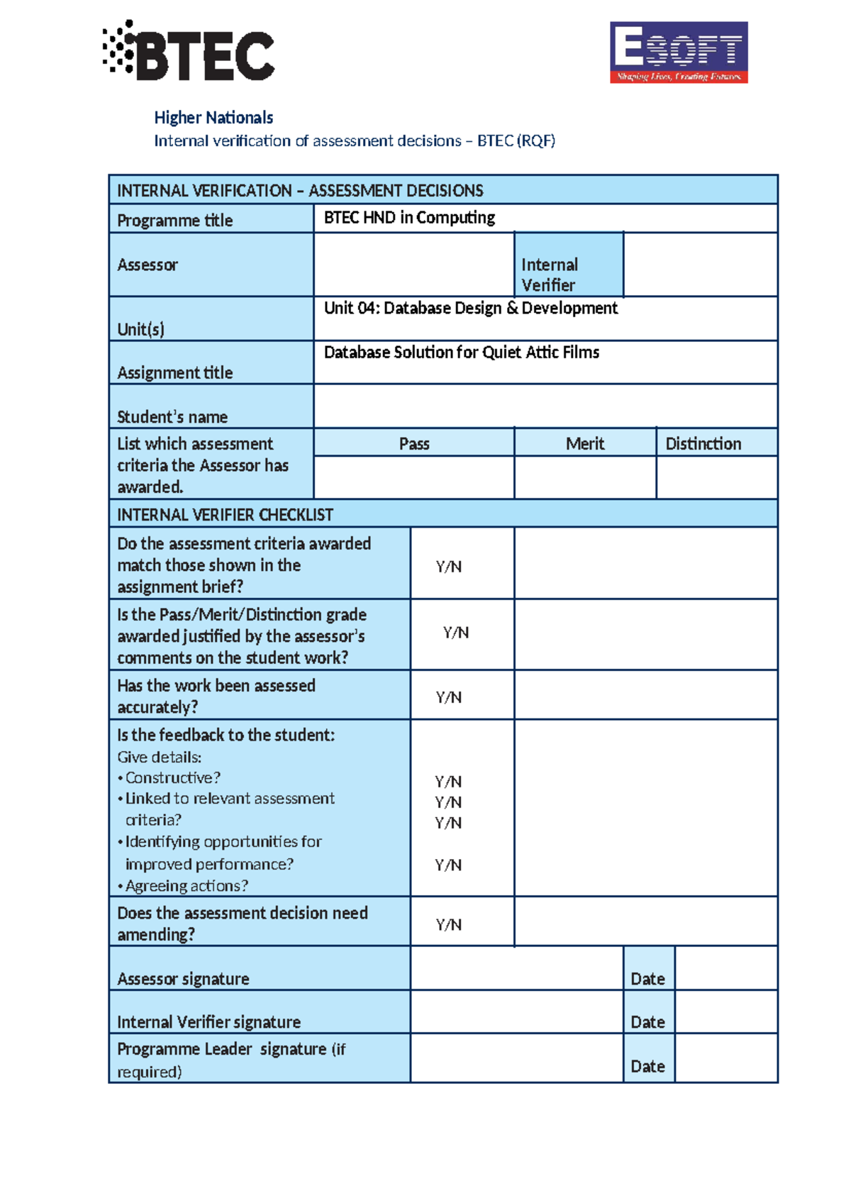 DBMS - study - Higher Nationals Internal verification of assessment ...