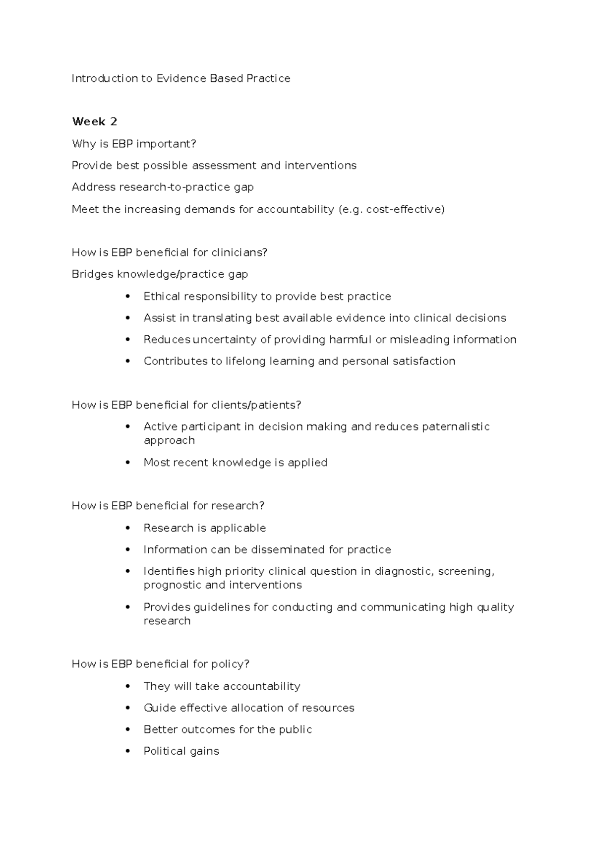 Introduction to Evidence Based Practice nots - Introduction to Evidence ...