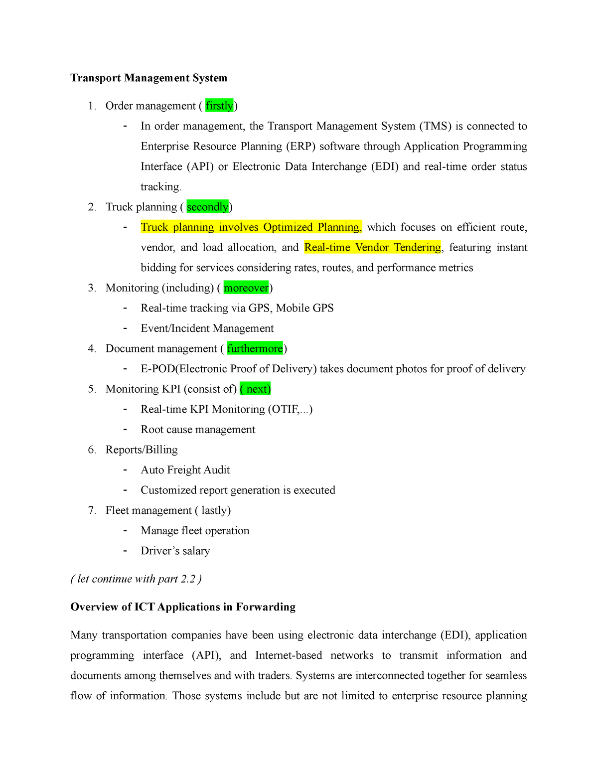 notes notes notes - Transport Management System 1. Order management ...