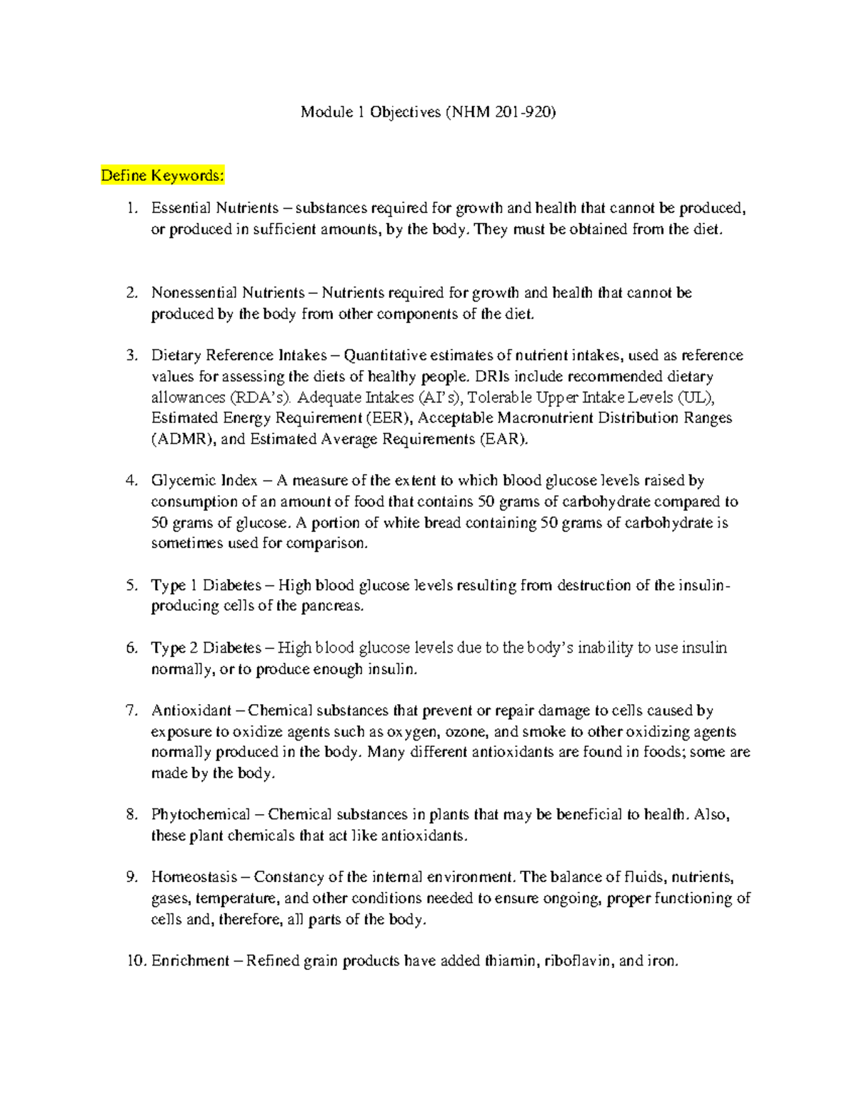 Module 1 Objectives and Keywords (NHM 201) Module 1 Objectives (NHM 201920) Define Keywords