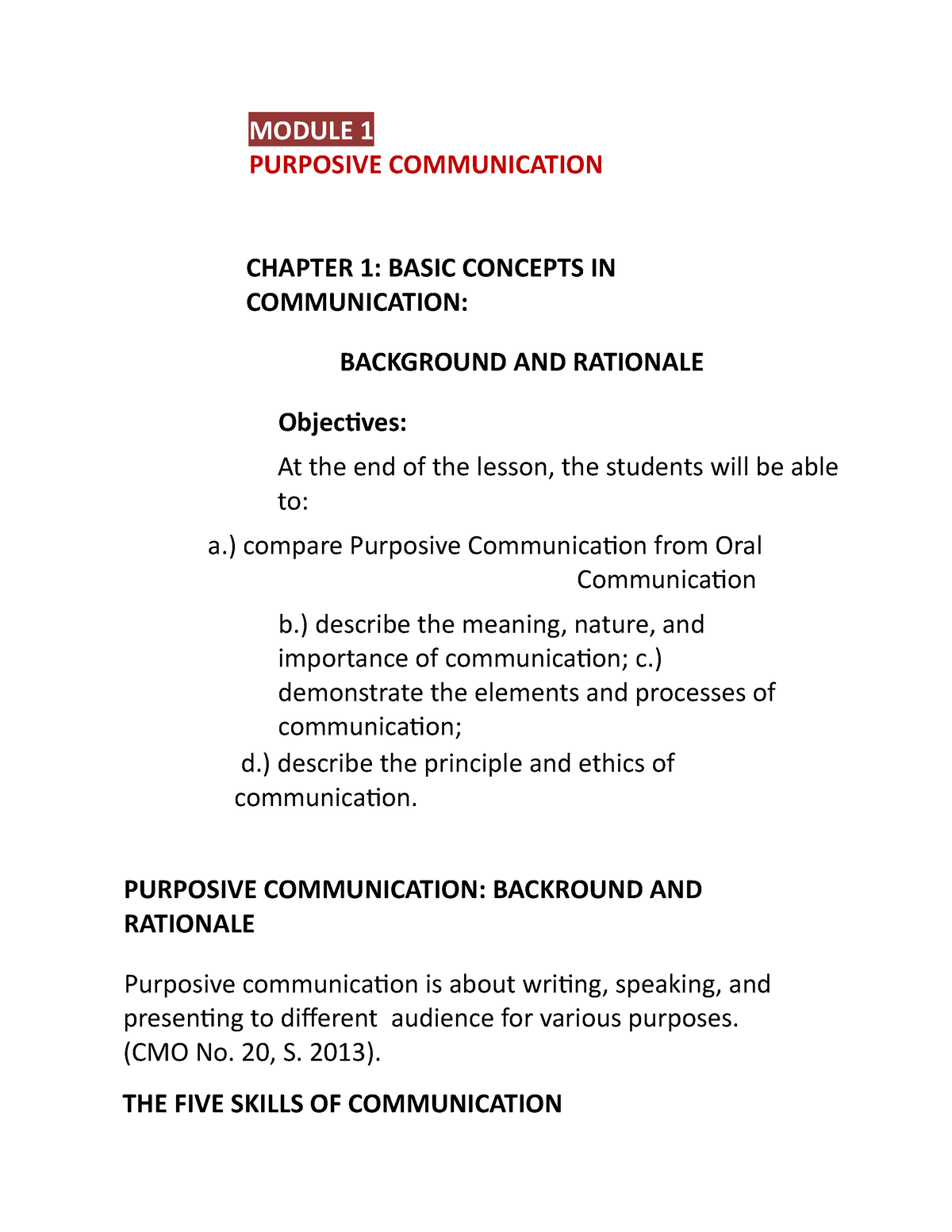 Module 1 - MODULE 1 PURPOSIVE COMMUNICATION CHAPTER 1: BASIC CONCEPTS ...