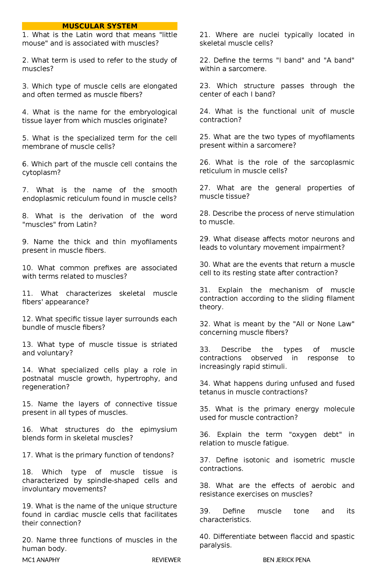 Mock TEST for Anatomy and Physiology - MUSCULAR SYSTEM What is the ...