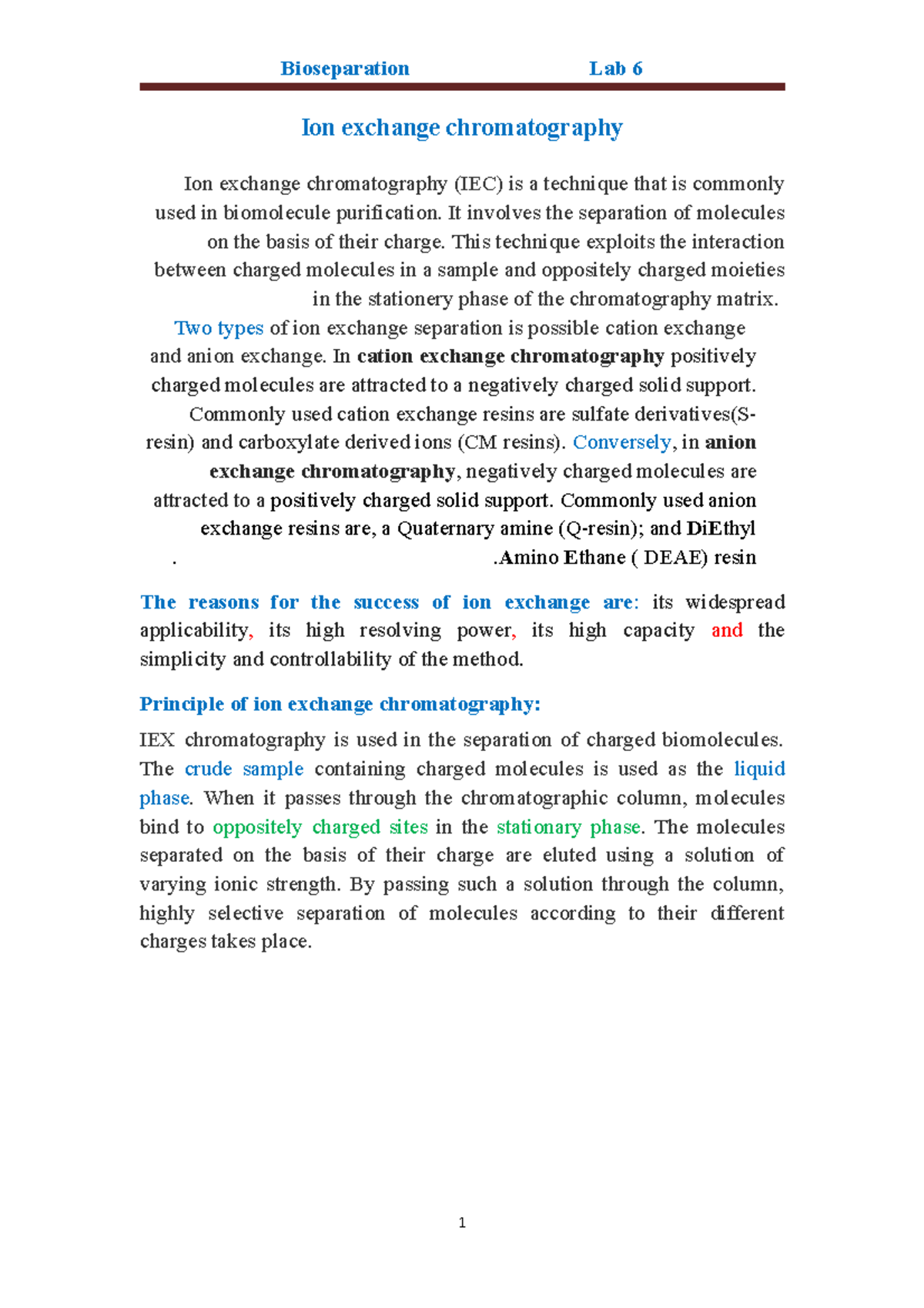 Ion exchange Lab 6 Ion exchange chromatography Ion exchange