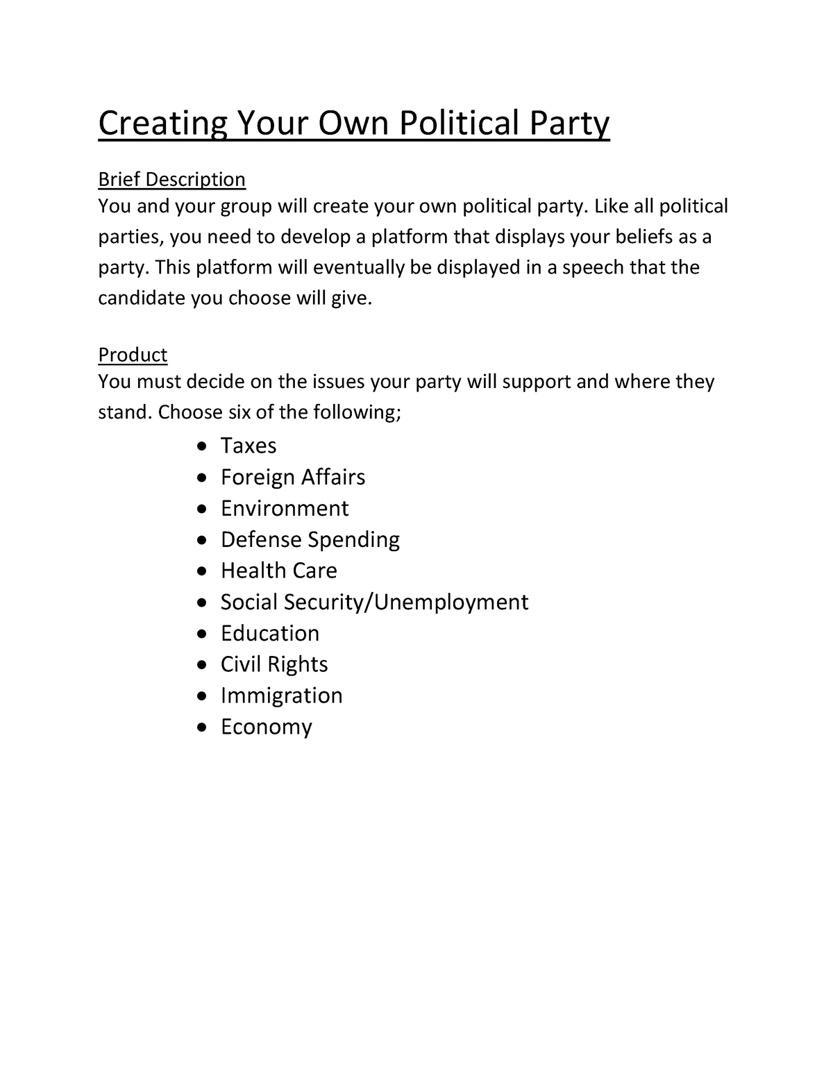 create your own political party assignment answers