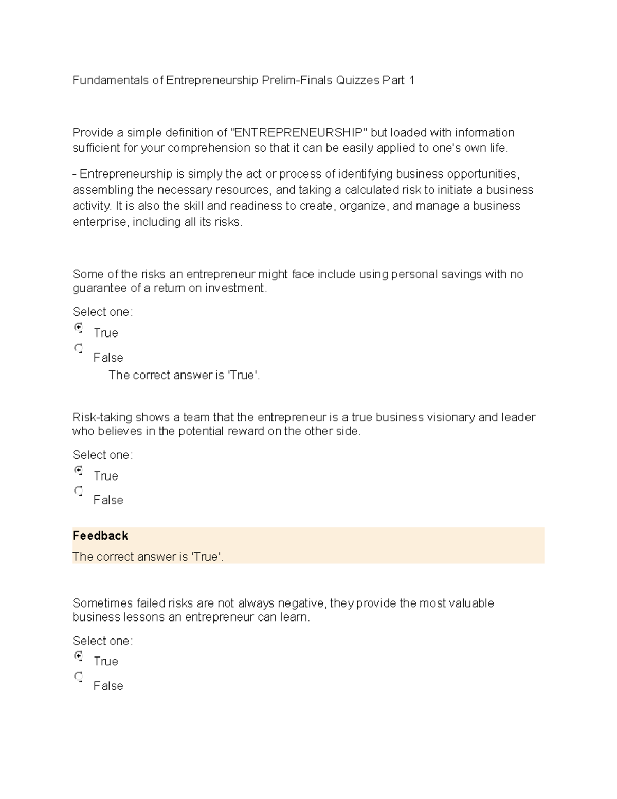 Fundamentals Of Entrepreneurship Prelim-Finals Quizzes Part 1 ...