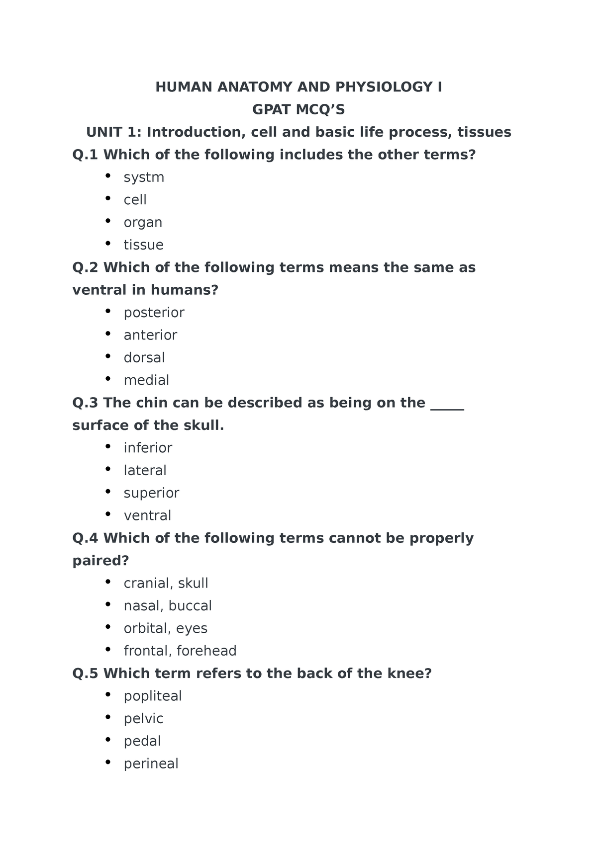 GPAT MCQ HAP I UNIT 1 - Unit Wise Mcq's - HUMAN ANATOMY AND PHYSIOLOGY ...