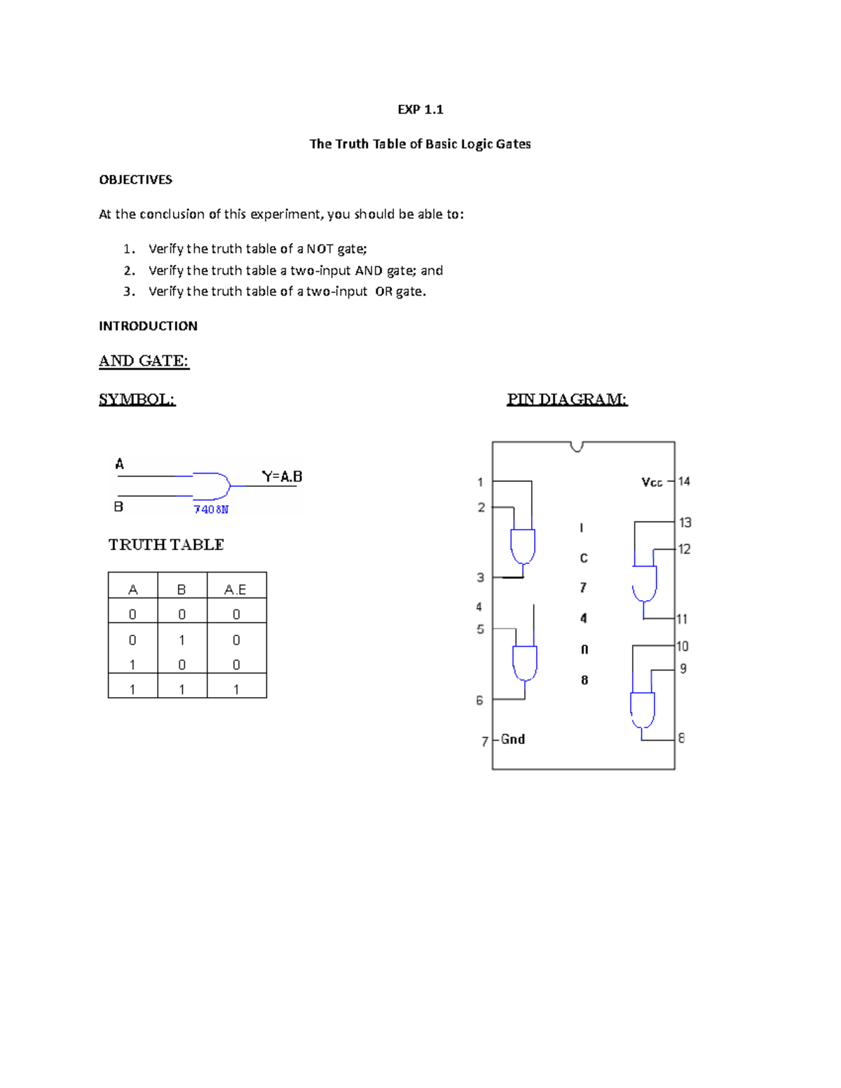 Experiment 1 EXP 1. The Truth Table of Basic Logic Gates OBJECTIVES