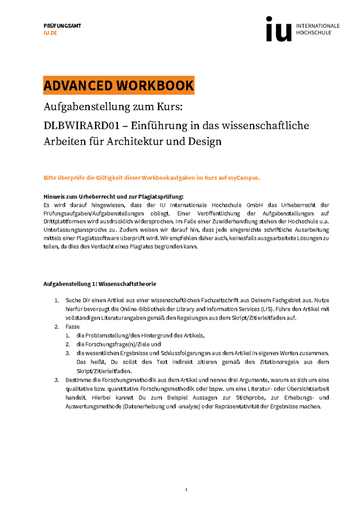 Advanced Workbook Iu Wissenschaftliches Arbeiten Aufgabenstellung Advanced Workbook Dlbwirard 01 - 1 PRÜFUNGSAMT IU