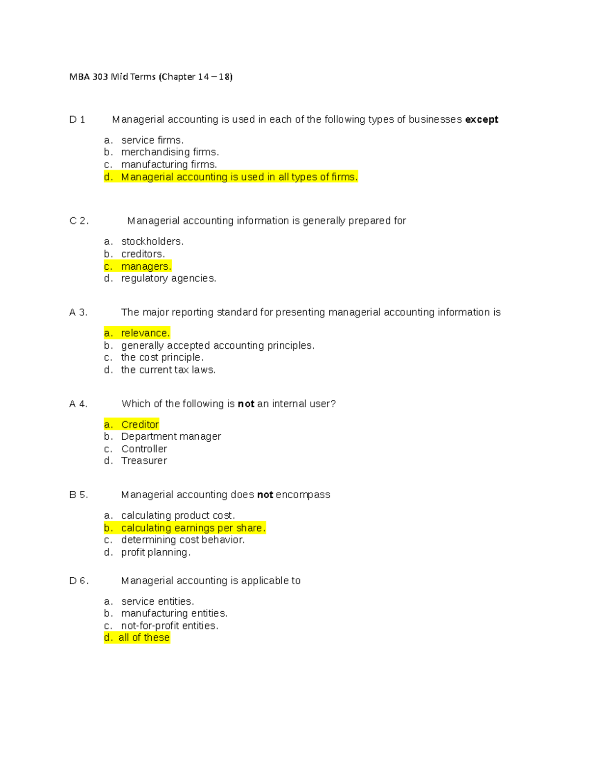 Midterm EXAM MBA 303 - MBA 303 Mid Terms (Chapter 14 – 18) D 1 ...