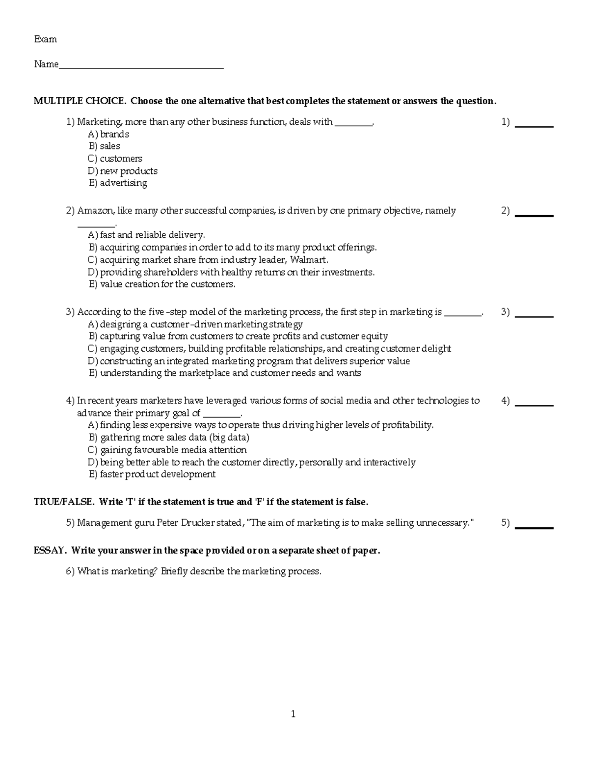 Unit 1 multiple choice and short questions - Exam Name