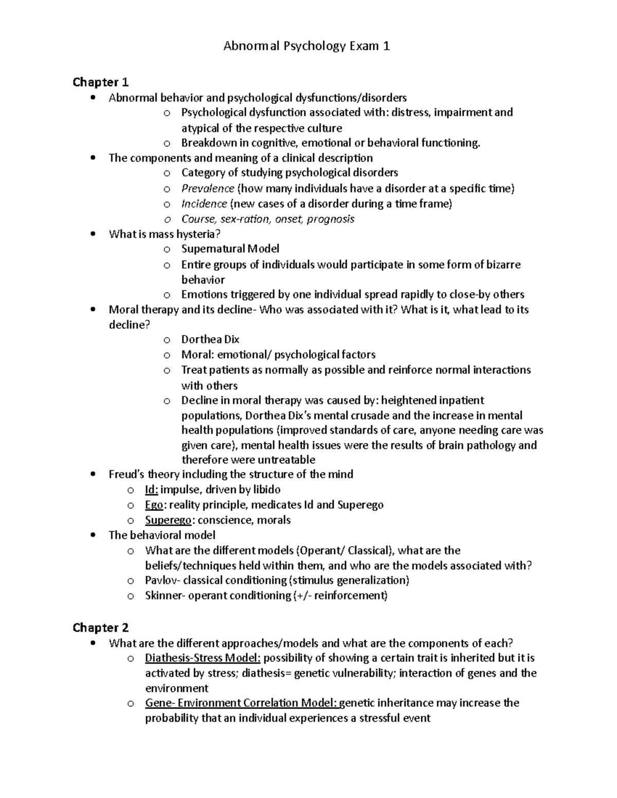 Abnormal Psychology Exam 1 - Studocu