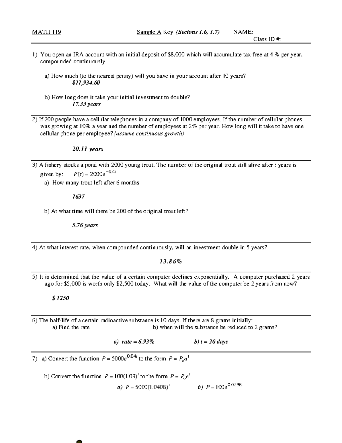 Section 1.6 test solutions - MATH 119 Sample A Key (Sectons 1, 1) NAME ...