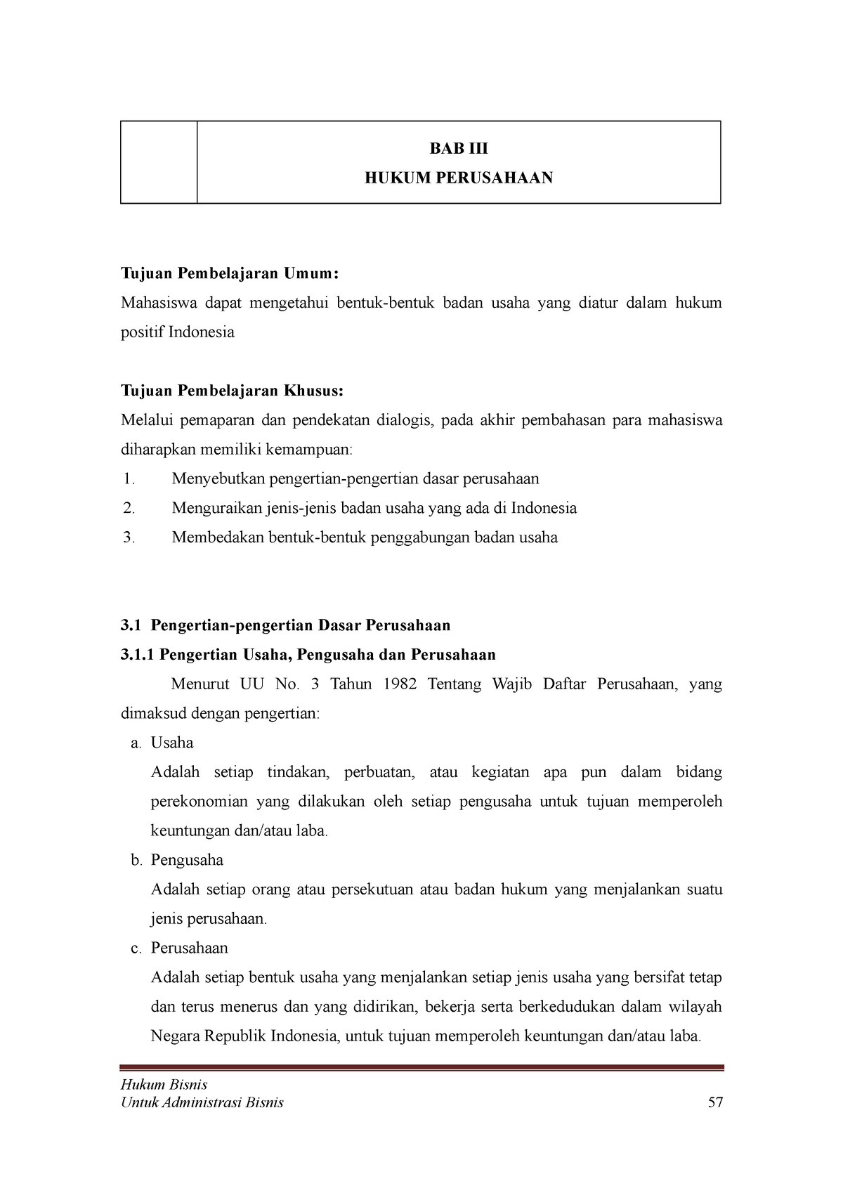 Hukum Perusahaan - BAB III HUKUM PERUSAHAAN Tujuan Pembelajaran Umum ...