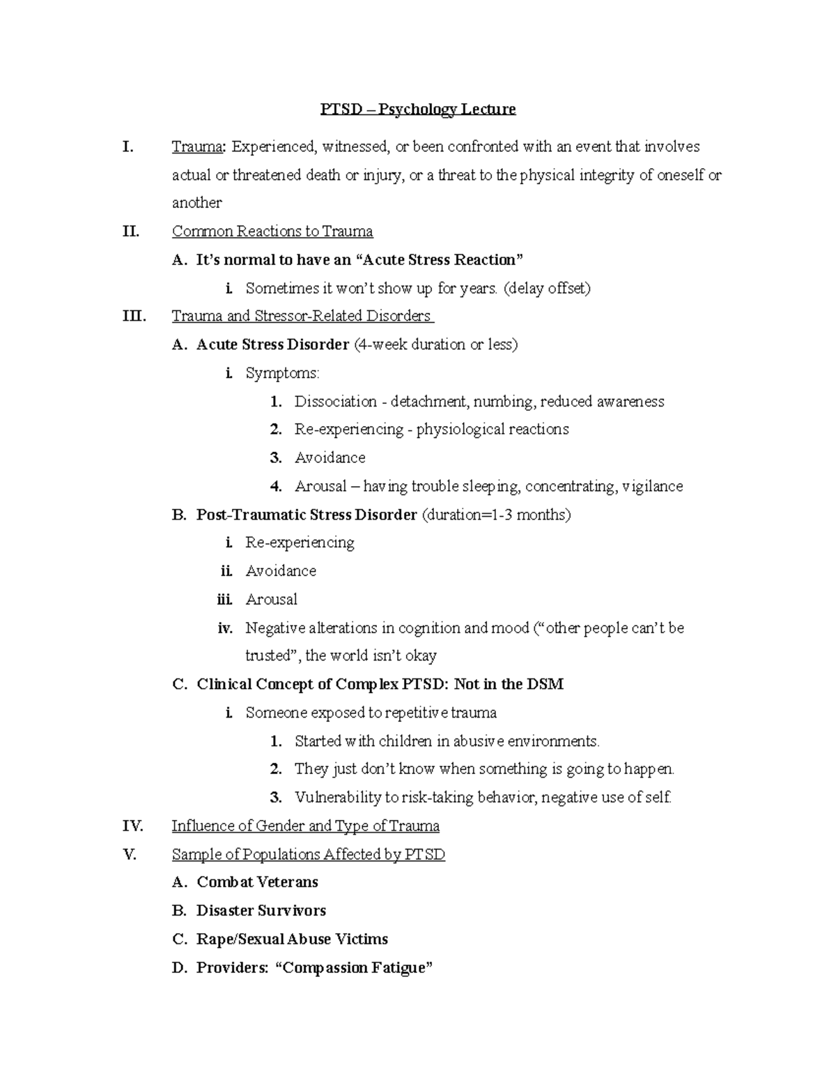 Ch11:12 PTSD - PSY Notes - PTSD – Psychology Lecture I. Trauma ...
