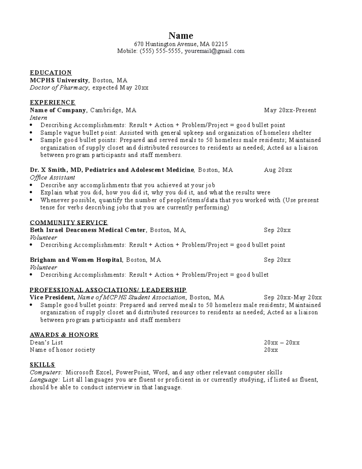 Pharm D Sample Resume 2 - exam materials - Name 670 Huntington Avenue ...