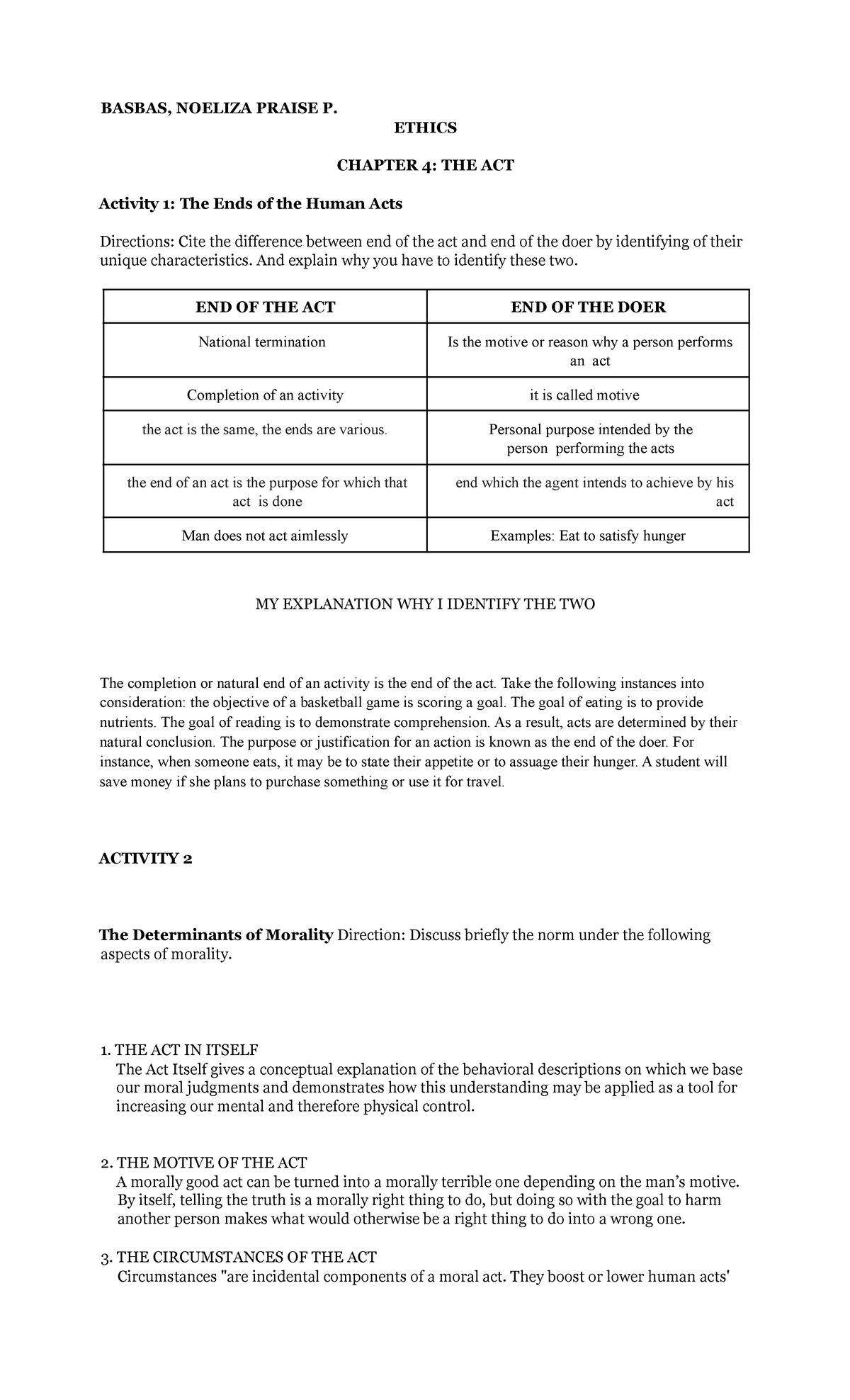 Chapter 4 Basbas Ethics Midterm Activities - BASBAS, NOELIZA PRAISE P ...
