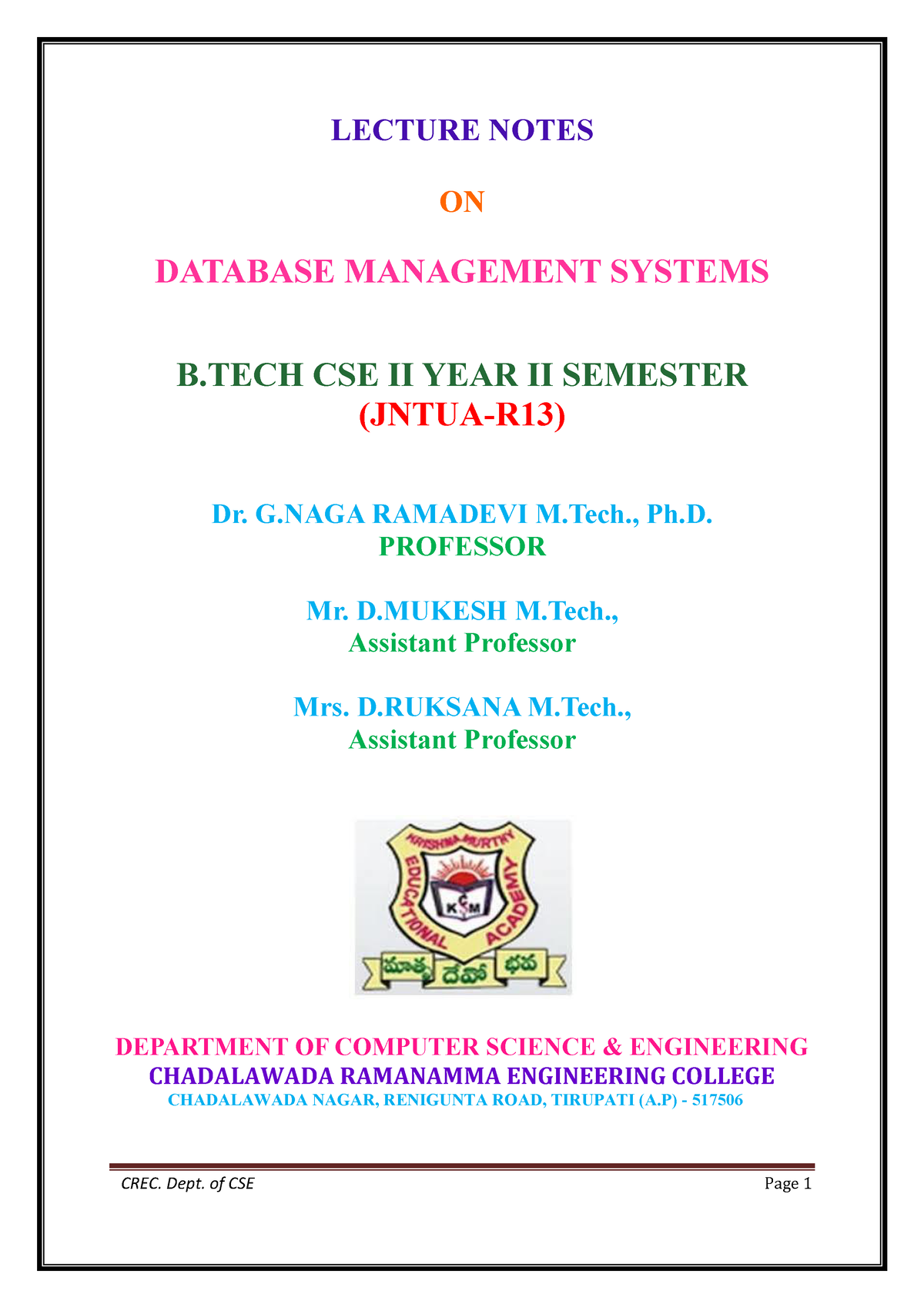 Database Management Systems Notes 1 LECTURE NOTES ON DATABASE