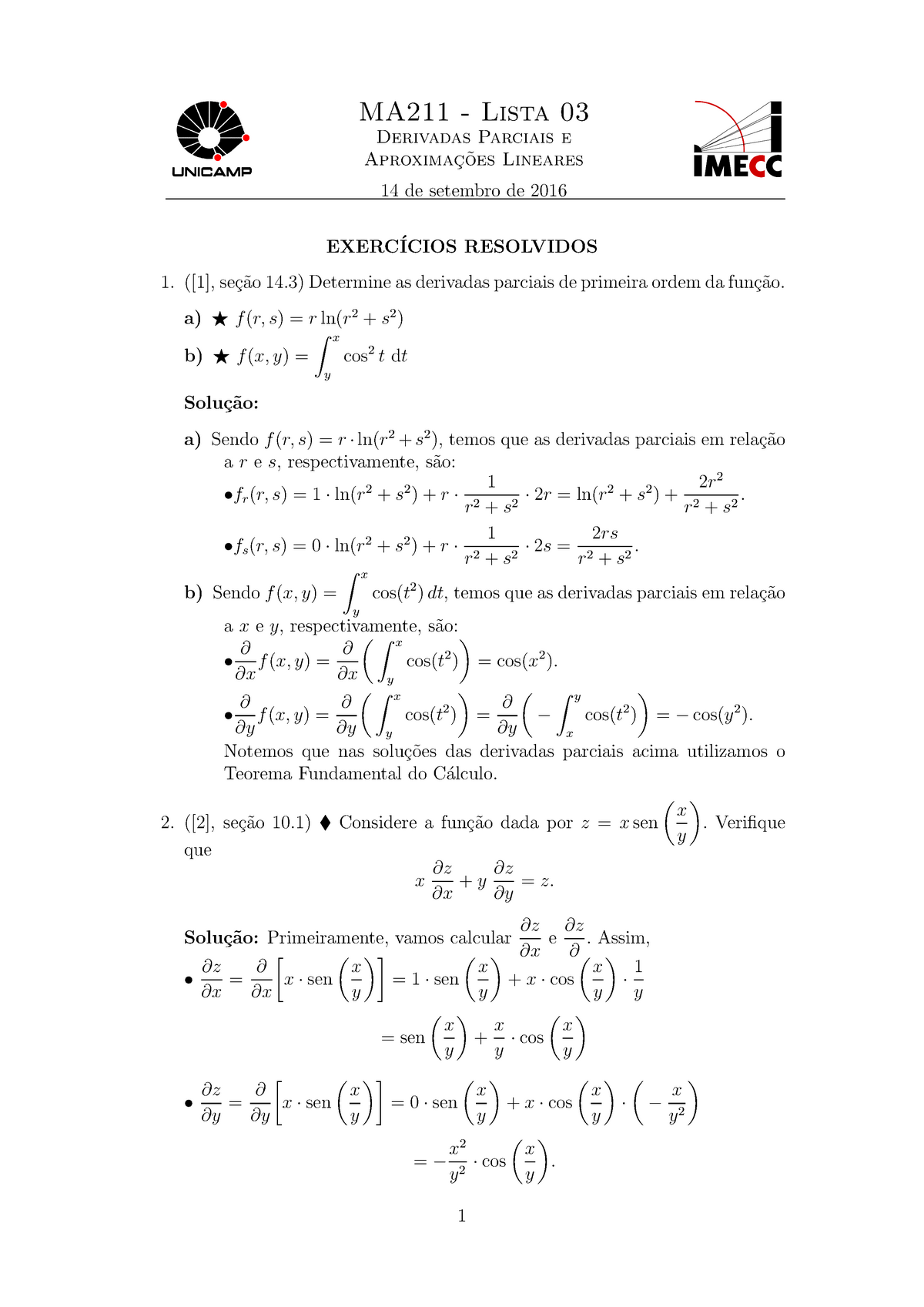 Lista 03 - Derivadas Parciais E Aproximac¸˜oes Lineares - MA211 - Lista ...