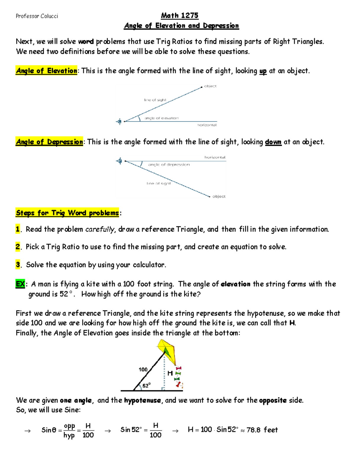 Lesson28 (Angle Elevation) - Professor Colucci Math 1275 Angle Of ...